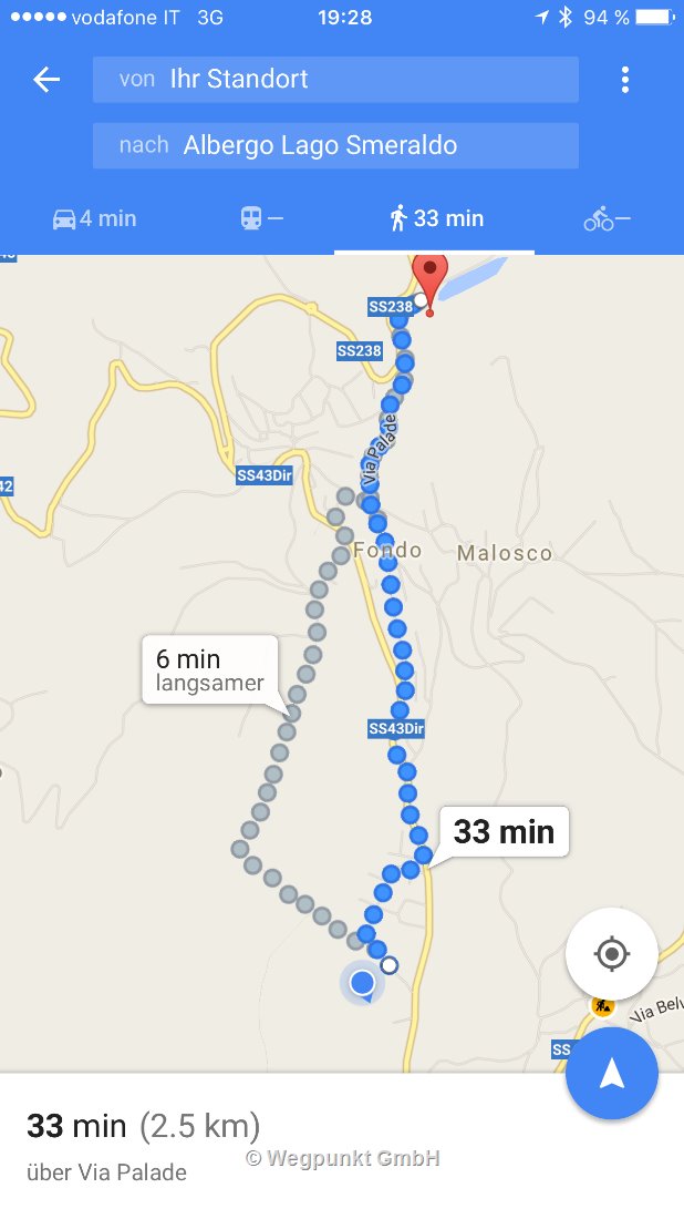 Die Route vom Camping zum Lago Smeraldo